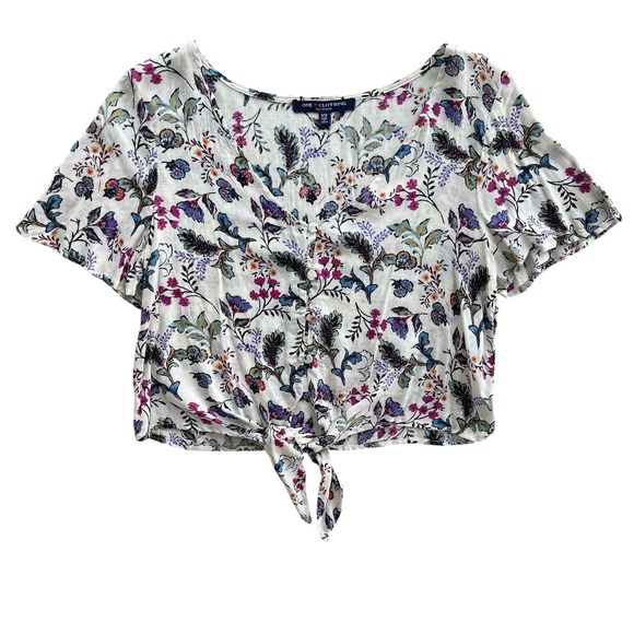 one clothing Tops - ONE Clothing LA Women's XS Cream Pink Floral Tie Front Short Sleeves Crop Blouse